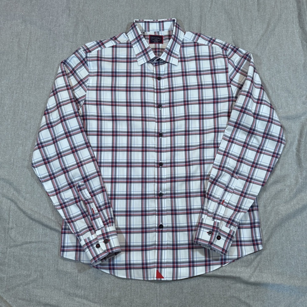 UNTUCKit Shirt Mens Large Baron Red Blue Plaid Slim Fit Wrinkle Free Button‎ Up